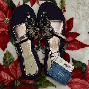 Simply Vera flip flop Sandles blue and gold with detailing